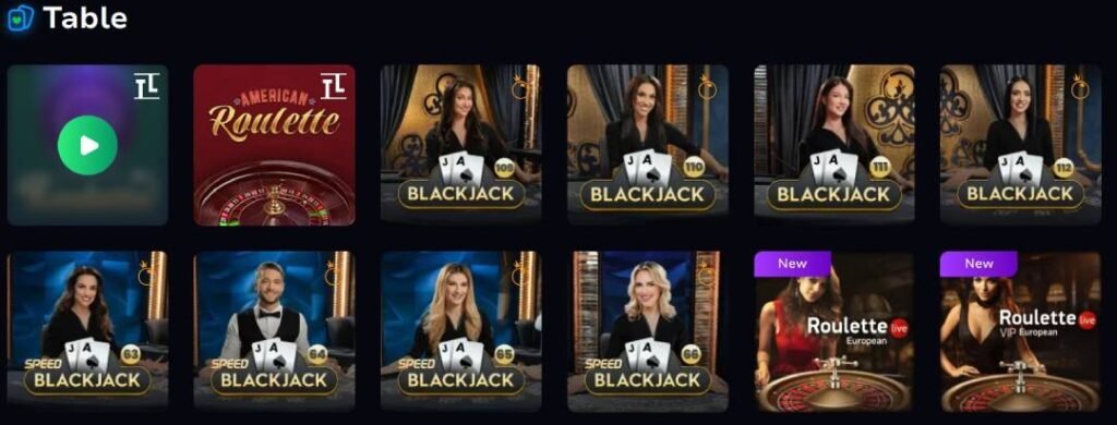 Screenshot of table games available at 7Bit Casino Thailand