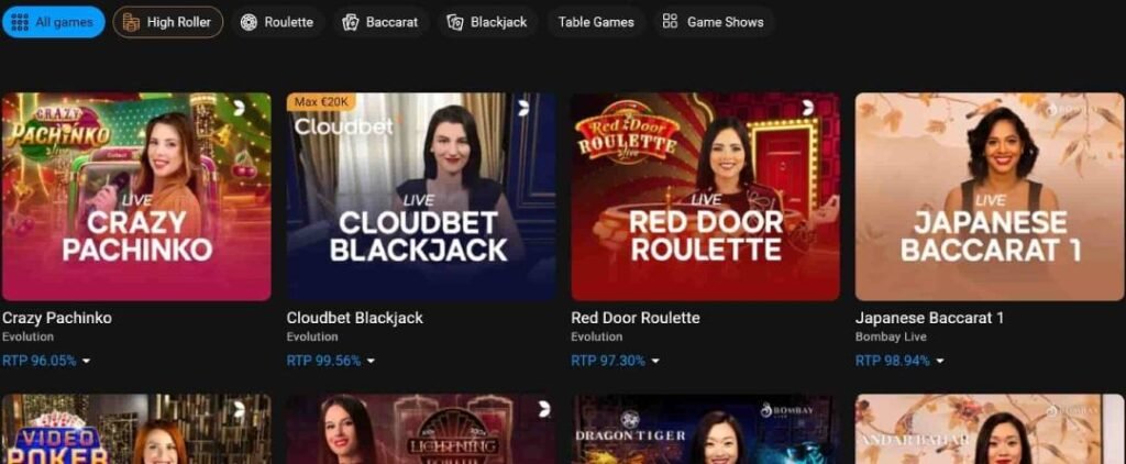 Screenshot of live dealer games available at Cloudbet