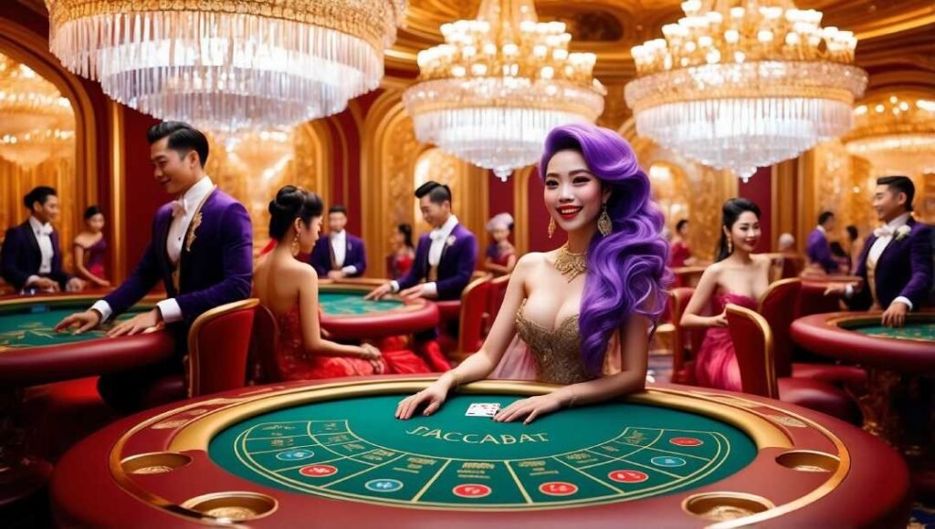 A Thai casino with a pruple haired lady explaining how to play baccarat