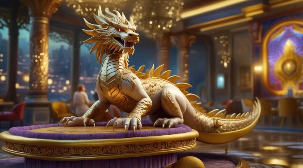 A golden chinese dragon in an online casino, representing popular online casino games