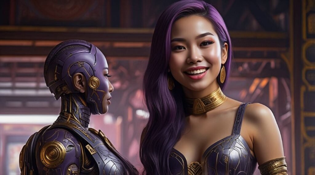 A thai lady with a robot replica of herself, representing artificial intelligence in casinos
