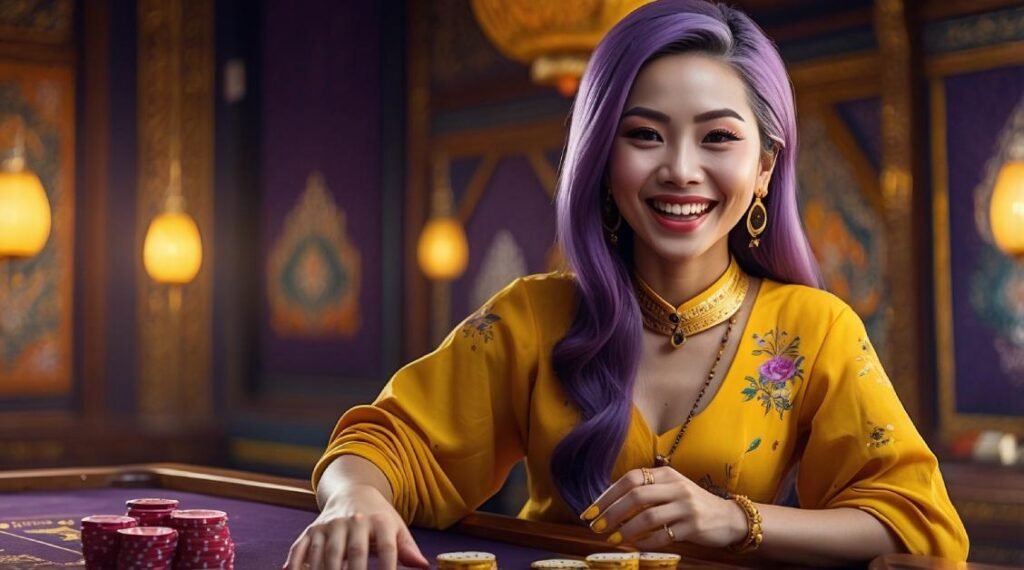 A purple haired thai lady playing blackjack in a casino