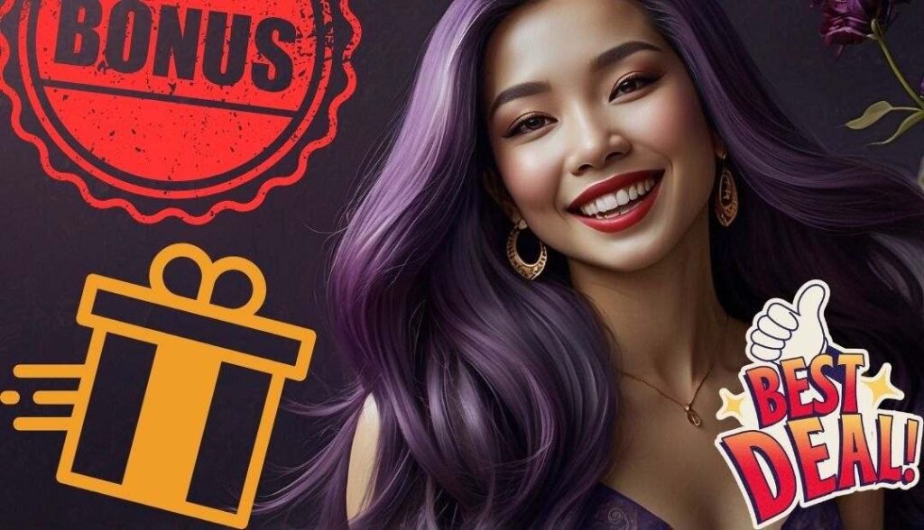 Purple haired Thai lady advertising casino bonuses