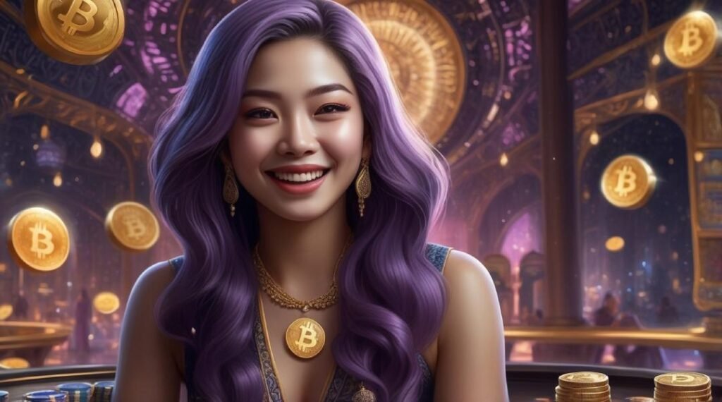 A purle haired thai lady promoting cryptocurrency casinos