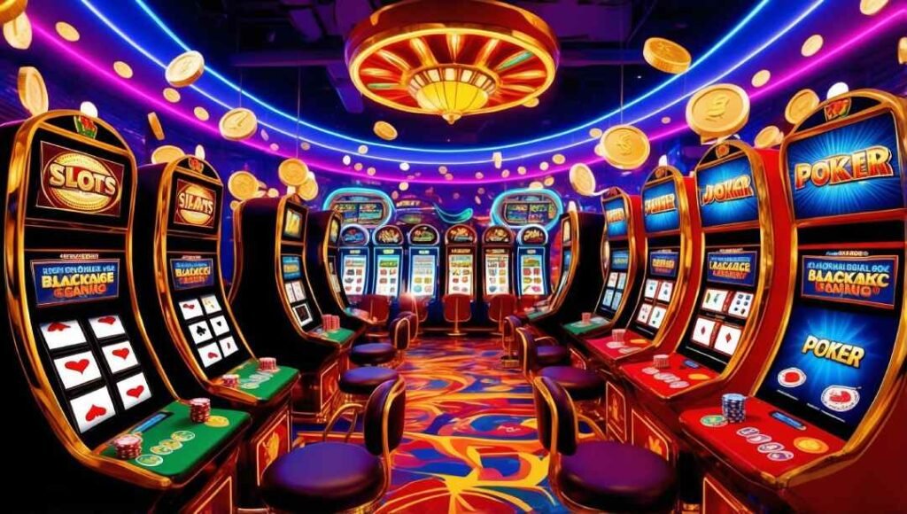 A virbant digital rendered casino, representing free online casino games