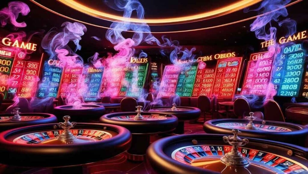 Roulette tables and charts in the back, representing casino house edge