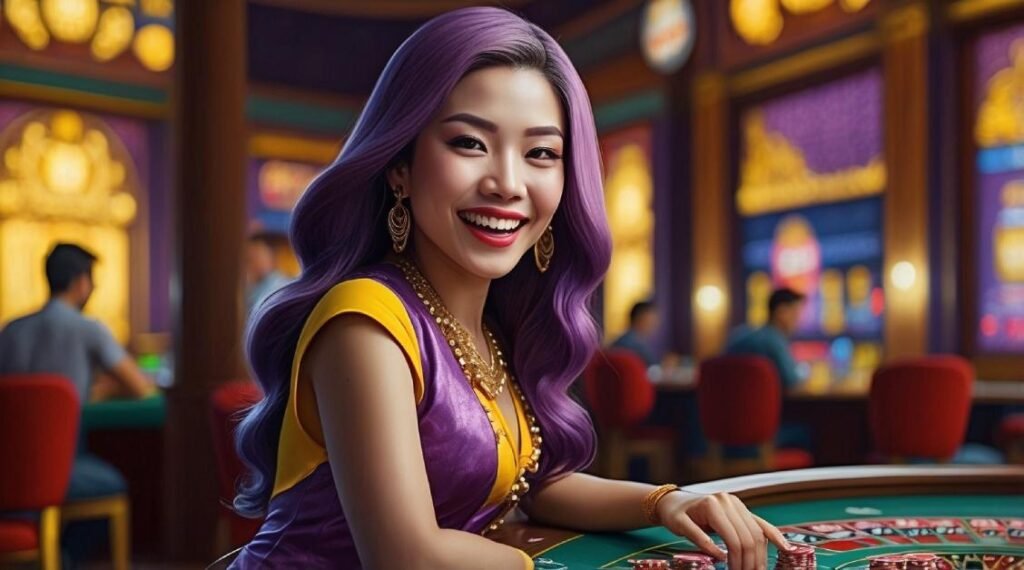 A smiling Thai lady explaining how to play blackjack