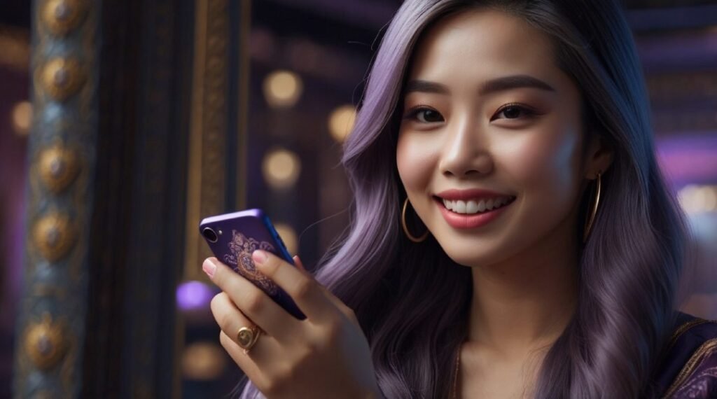 A purple haired Thai playing on mobile casinos