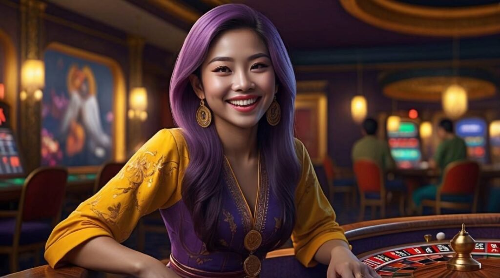 A urple haired thai lady playing roulette in an online casino