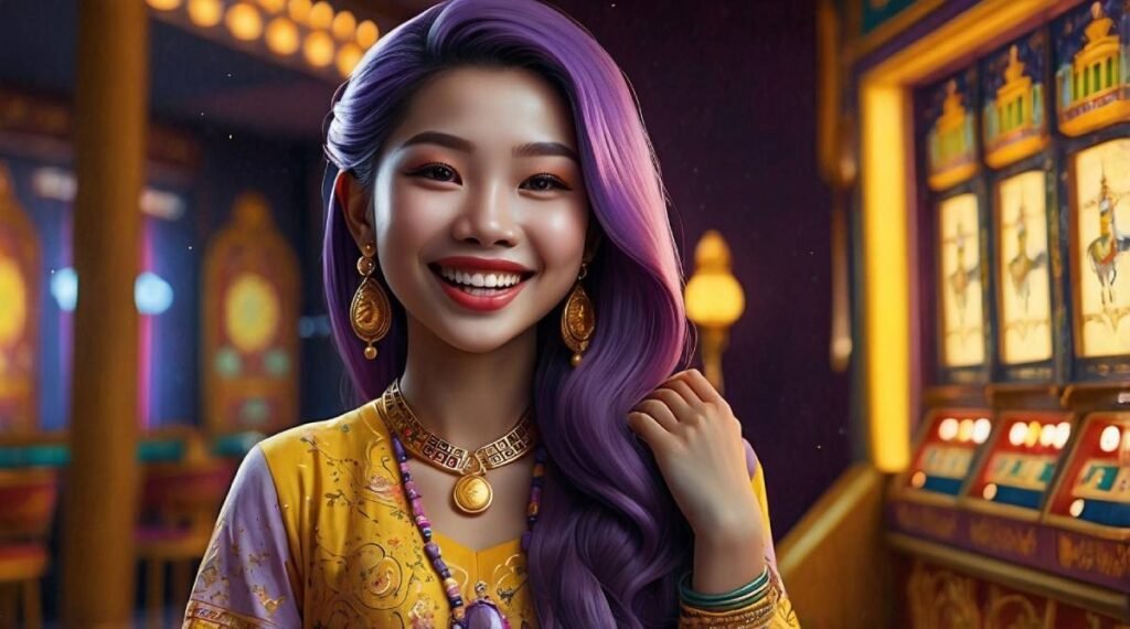 A thai lady with purple hair smiling in a casino in front of a slot