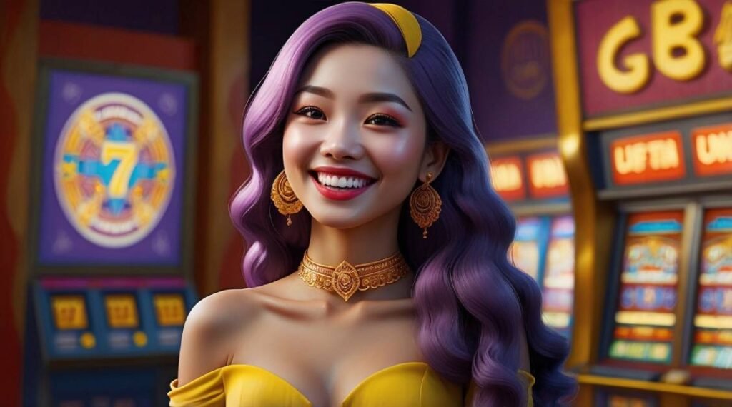 Thai lady smiling and advertising slots in an online casino