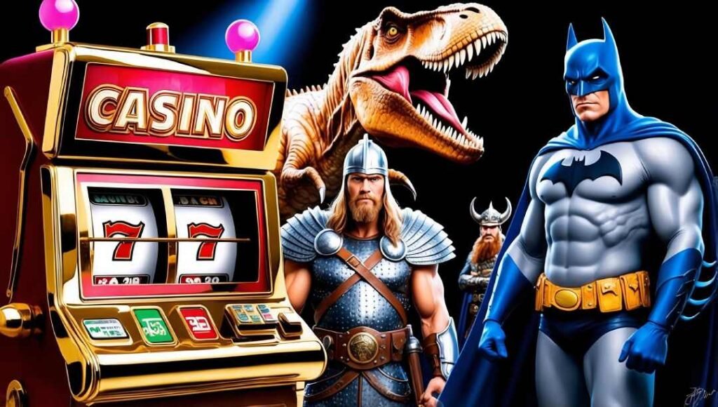 A slot machine with Batman, Vikings and a T-Rex, representing themed online slots